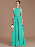 A-Line/Princess Halter Sleeveless Ruched Floor-Length Chiffon Bridesmaid Dresses TPP0005263