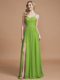 A-Line/Princess Spaghetti Straps Sleeveless Ruched Floor-Length Chiffon Bridesmaid Dresses TPP0005244