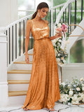 A-Line/Princess Sequins Ruched Straps Sleeveless Floor-Length Bridesmaid Dresses TPP0004943