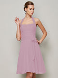 A-Line/Princess Halter Sleeveless Pleats Bowknot Short Chiffon Bridesmaid Dresses TPP0005094