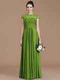 A-Line/Princess Jewel Short Sleeves Lace Floor-Length Chiffon Bridesmaid Dresses TPP0005179