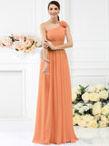 A-Line/Princess One-Shoulder Pleats Hand-Made Flower Sleeveless Long Chiffon Bridesmaid Dresses TPP0005131