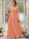 A-Line/Princess Chiffon Ruched V-neck Long Sleeves Floor-Length Bridesmaid Dresses TPP0004950