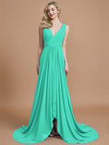 A-Line/Princess Sleeveless V-neck Chiffon Sweep/Brush Train Bridesmaid Dresses TPP0005308