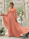 A-Line/Princess Chiffon Ruffles V-neck Long Sleeves Sweep/Brush Train Bridesmaid Dresses TPP0004894