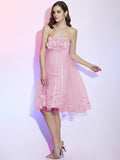 A-Line/Princess Strapless Sleeveless Hand-Made Flower Short Net Bridesmaid Dresses TPP0005221