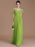 A-Line/Princess Off-the-Shoulder Sleeveless Ruched Floor-Length Chiffon Bridesmaid Dresses TPP0005324