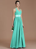 A-Line/Princess Halter Sleeveless Sash/Ribbon/Belt Floor-Length Chiffon Bridesmaid Dresses TPP0005410