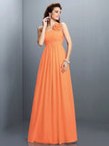 A-Line/Princess One-Shoulder Hand-Made Flower Pleats Sleeveless Long Chiffon Bridesmaid Dresses TPP0005399