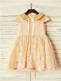 A-line/Princess Short Sleeves Scoop Sequin Tea-Length Lace Flower Girl Dresses TPP0007930