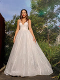 A-Line/Princess Sleeveless V-neck Tulle Sequin Sweep/Brush Train Dresses TPP0001483