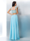 A-Line/Princess Sheer Neck Applique Short Sleeves Long Chiffon Two Piece Dresses TPP0002721