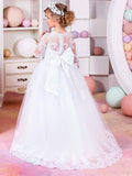 Ball Gown Jewel 1/2 Sleeves Lace Sweep/Brush Train Tulle Flower Girl Dresses TPP0007566