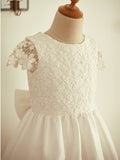 A-Line/Princess Lace Short Sleeves Scoop Bowknot Knee-Length Flower Girl Dresses TPP0007931