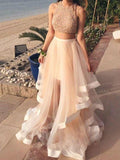 A-Line/Princess Sleeveless Halter Floor-Length Beading Organza Two Piece Dresses TPP0002920