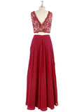 A-Line/Princess Sleeveless V-neck Chiffon Lace Floor-Length Two Piece Dresses TPP0002396