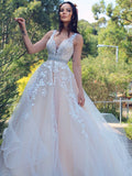 A-Line/Princess Applique Tulle Sleeveless V-neck Sweep/Brush Train Dresses TPP0001379