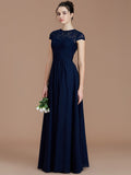 A-Line/Princess Jewel Short Sleeves Lace Floor-Length Chiffon Bridesmaid Dresses TPP0005179