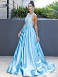 A-Line/Princess Satin Halter Sleeveless Applique Sweep/Brush Train Dresses TPP0004607