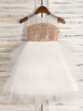 A-Line/Princess Tulle Paillette Scoop Sleeveless Tea-Length Flower Girl Dresses TPP0007530