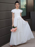 A-Line/Princess Chiffon Ruffles Scoop Short Sleeves Floor-Length Junior/Girls Bridesmaid Dresses TPP0005874