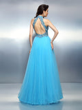 A-Line/Princess High Neck Beading Sleeveless Long Satin Dresses TPP0009242