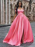 A-Line/Princess Satin Sleeveless Ruffles Off-the-Shoulder Court Train Dresses TPP0001402