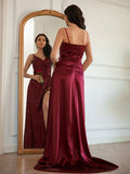 A-Line/Princess Silk like Satin Ruched V-neck Sleeveless Sweep/Brush Train Dresses TPP0001545