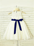 A-line/Princess Scoop Sleeveless Bowknot Tea-Length Lace Flower Girl Dresses TPP0007841