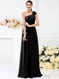 A-Line/Princess One-Shoulder Pleats Hand-Made Flower Sleeveless Long Chiffon Bridesmaid Dresses TPP0005131