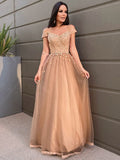 A-Line/Princess Applique Tulle Sleeveless Floor-Length Off-the-Shoulder Dresses TPP0009077