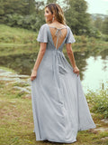 A-Line/Princess Chiffon Ruffles V-neck Short Sleeves Floor-Length Bridesmaid Dresses TPP0004977