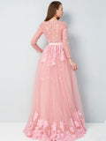 A-Line/Princess Scoop 3/4 Sleeves Floor-Length Applique Tulle Dresses TPP0002409