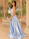 A-Line/Princess Satin Applique High Neck Sleeveless Sweep/Brush Train Two Piece Dresses TPP0004841