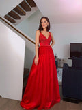 A-Line/Princess Floor-Length Applique V-neck Sleeveless Tulle Dresses TPP0004013