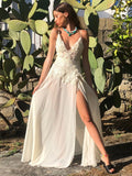 A-Line/Princess Chiffon V-neck Applique Sleeveless Floor-Length Wedding Dresses TPP0006533