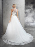 A-Line/Princess Sheer Neck Beading Sleeveless Long Net Wedding Dresses TPP0006614