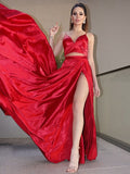 A-Line/Princess Elastic Woven Satin Ruffles V-neck Sleeveless Sweep/Brush Train Two Piece Dresses TPP0004617