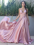 A-Line/Princess Silk like Satin Ruffles V-neck Sleeveless Sweep/Brush Train Dresses TPP0001612