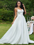 A-Line/Princess Satin Bowknot V-neck Sleeveless Sweep/Brush Train Wedding Dresses TPP0006456