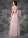 A-line/Princess Bateau Hand-Made Flower Sleeveless Long Net Dresses TPP0009231