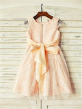 A-line/Princess Scoop Short Sleeves Sash/Ribbon/Belt Tea-Length Lace Flower Girl Dresses TPP0007879