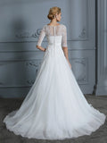 A-Line/Princess 1/2 Sleeves Scoop Lace Court Train Tulle Wedding Dresses TPP0006509