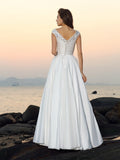 A-Line/Princess V-neck Beading Sleeveless Long Taffeta Beach Wedding Dresses TPP0006380