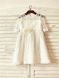 A-line/Princess Scoop Hand-made Flower 3/4 Sleeves Ankle-Length Lace Flower Girl Dresses TPP0007874