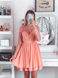 A-Line/Princess Bateau Long Sleeves Short/Mini Applique Chiffon Homecoming Dresses TPP0004687