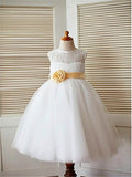 A-line/Princess Tea-Length Scoop Lace Sleeveless Tulle Flower Girl Dresses TPP0007665