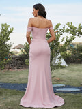 Sheath/Column Stretch Crepe Ruched Off-the-Shoulder Sleeveless Sweep/Brush Train Bridesmaid Dresses TPP0004910