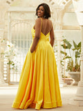 A-Line/Princess Silk like Satin Ruffles V-neck Sleeveless Floor-Length Dresses TPP0004878