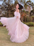 A-Line/Princess Long Sleeves Floor-Length Tulle Applique Off-the-Shoulder Dresses TPP0001440